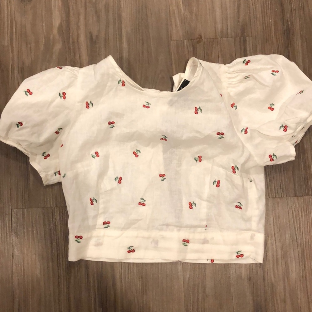 open back with tie and buttons blouse w/ cherries